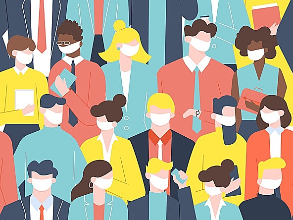 illustration of a crowd of varied people wearing face masks